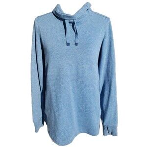 L.L. Bean Women's S Cozy Mixed-Knit Pullover Sweatshirt Blue Kang Pkt Thumb Cuff